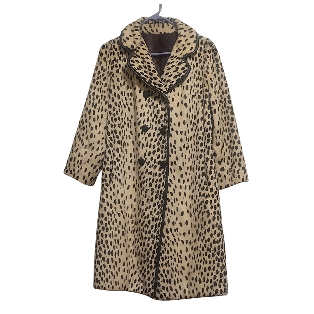 Morocco Sportowne La France Faux Fur Animal Print Coat Double Breasted Womens L